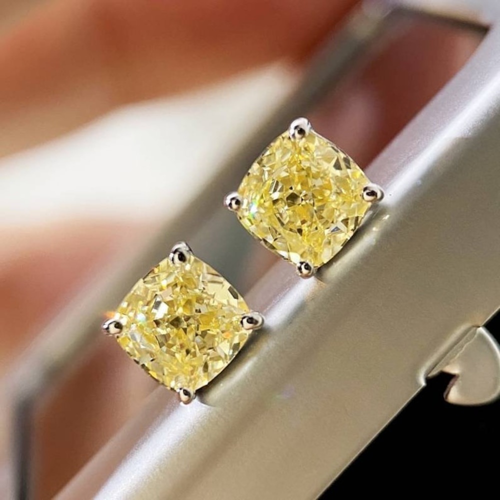 2ct Canary Cushion Cut Studs - Picture 5 of 15